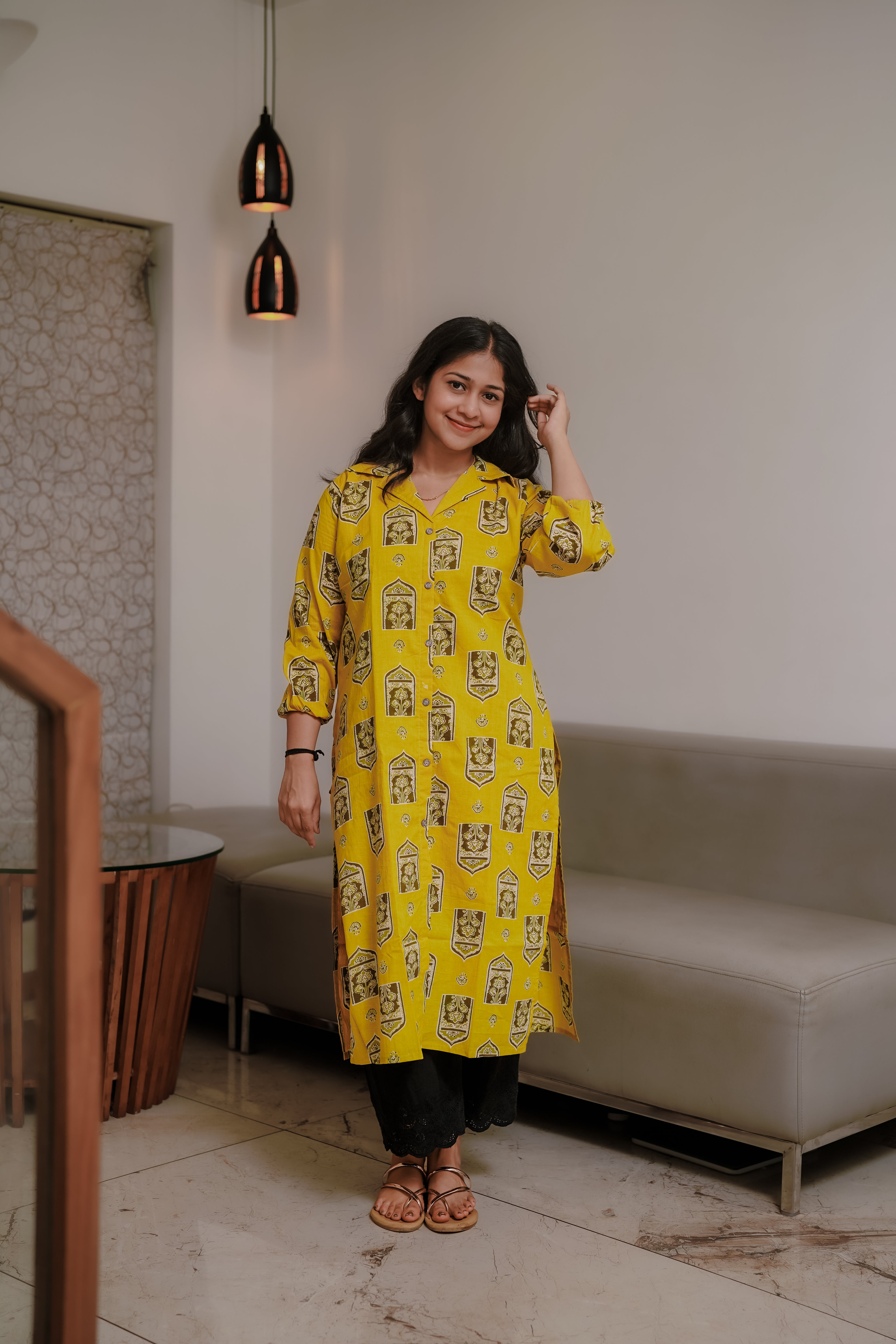 Zayna - Mustard Yellow Mughal Block-Print Kurtha With Coat Collar and Elasticated Sleeves