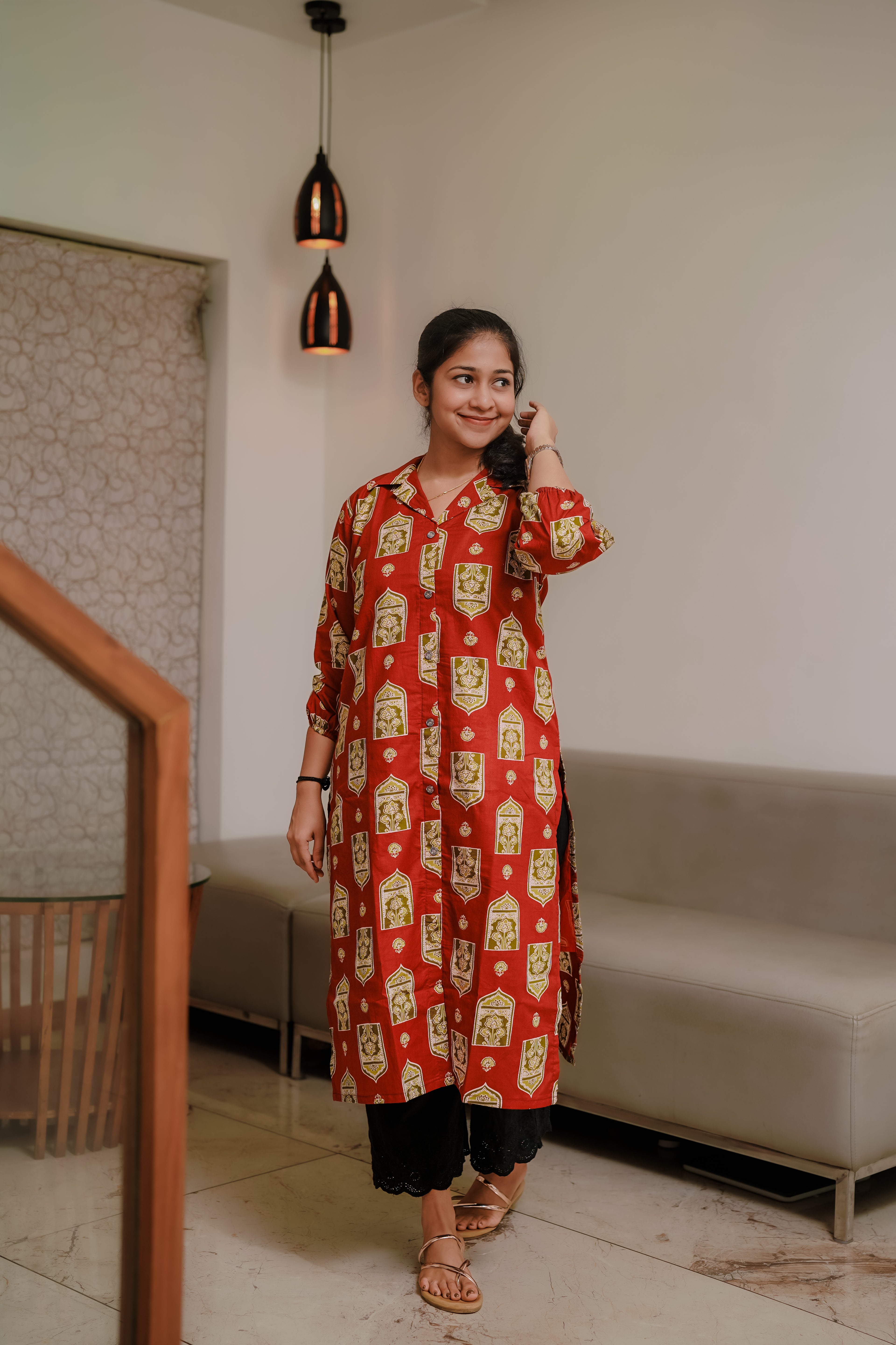 Zayna - Brown Mughal Block-Print Kurtha with Coat Collar and Elasticated Sleeves