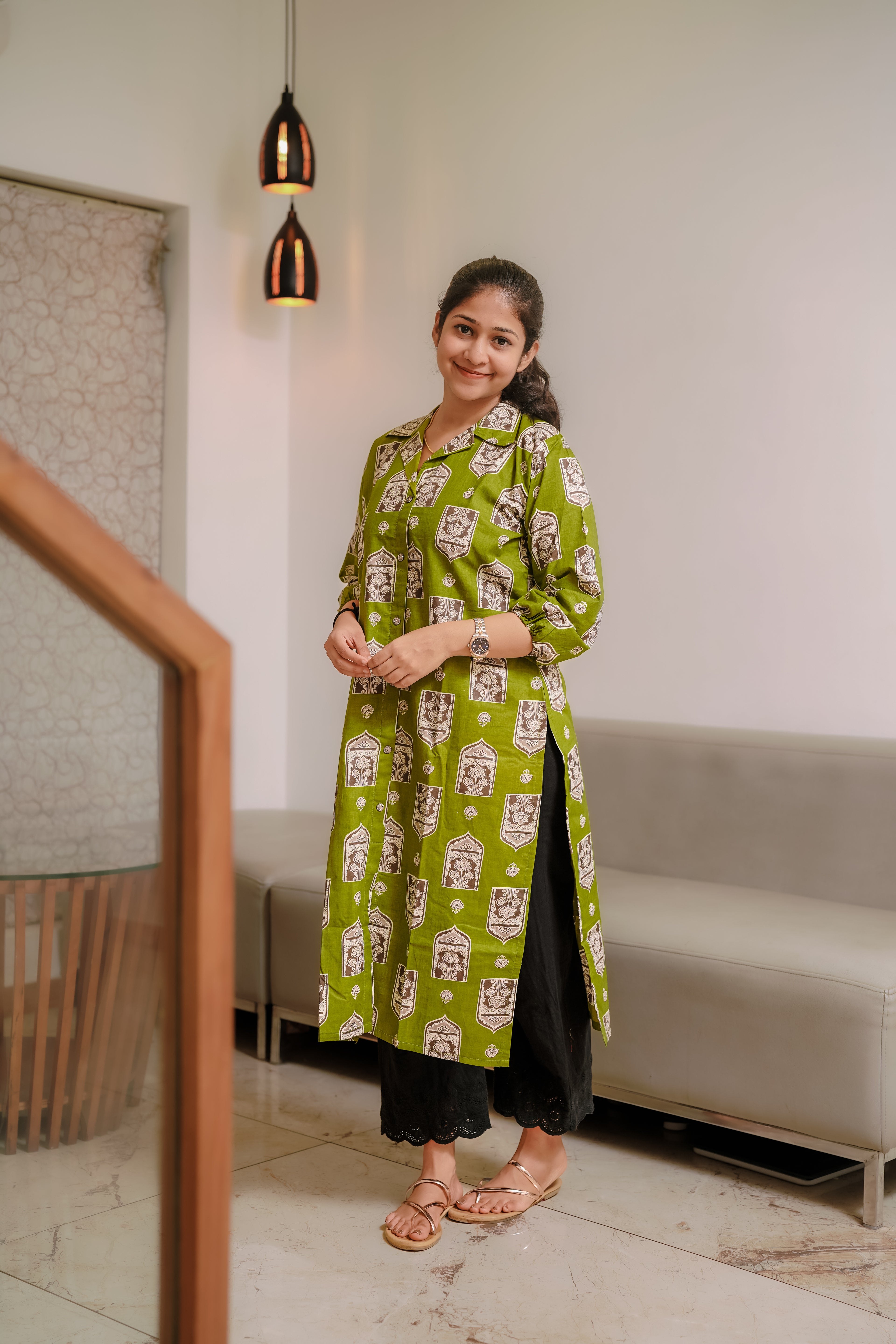 Zayna -Olive Green Mughal Block-Print Kurtha with Coat Collar and Elasticated Sleeves