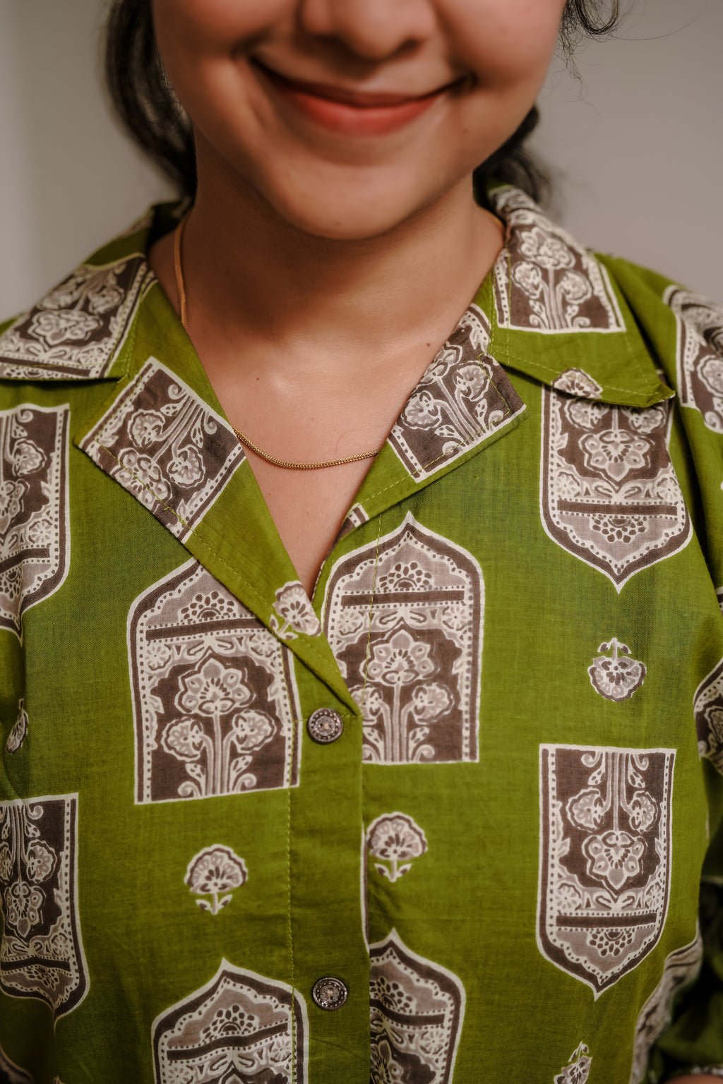 Zayna -Olive Green Mughal Block-Print Kurtha with Coat Collar and Elasticated Sleeves