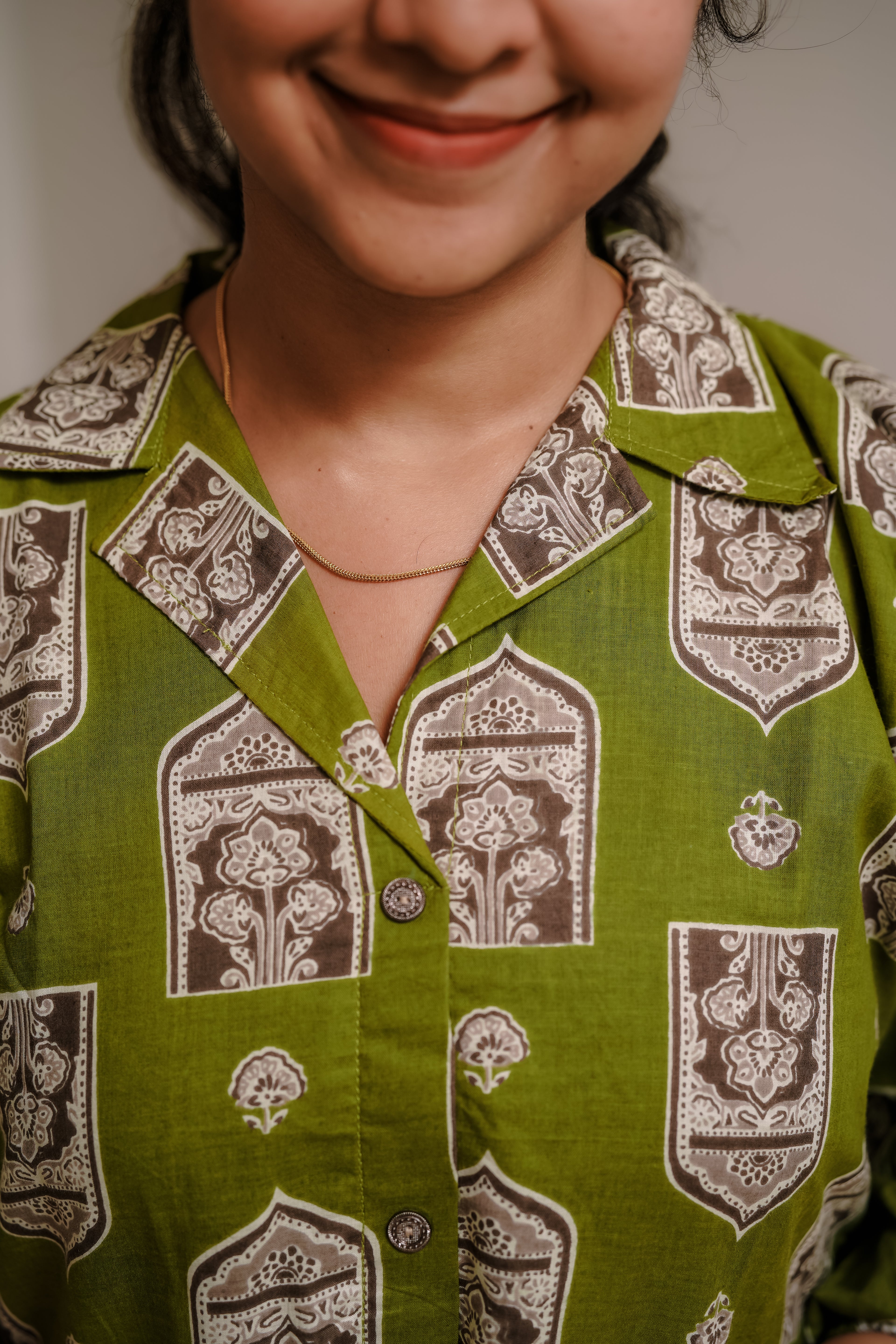 Zayna -Olive Green Mughal Block-Print Kurtha with Coat Collar and Elasticated Sleeves