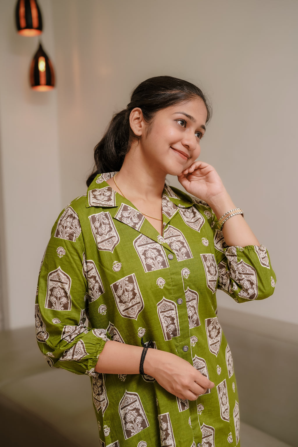 Zayna -Olive Green Mughal Block-Print Kurtha with Coat Collar and Elasticated Sleeves