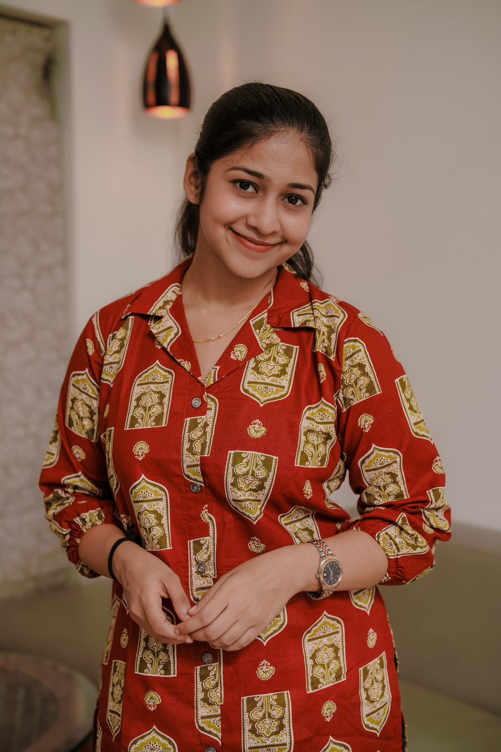 Zayna - Brown Mughal Block-Print Kurtha with Coat Collar and Elasticated Sleeves