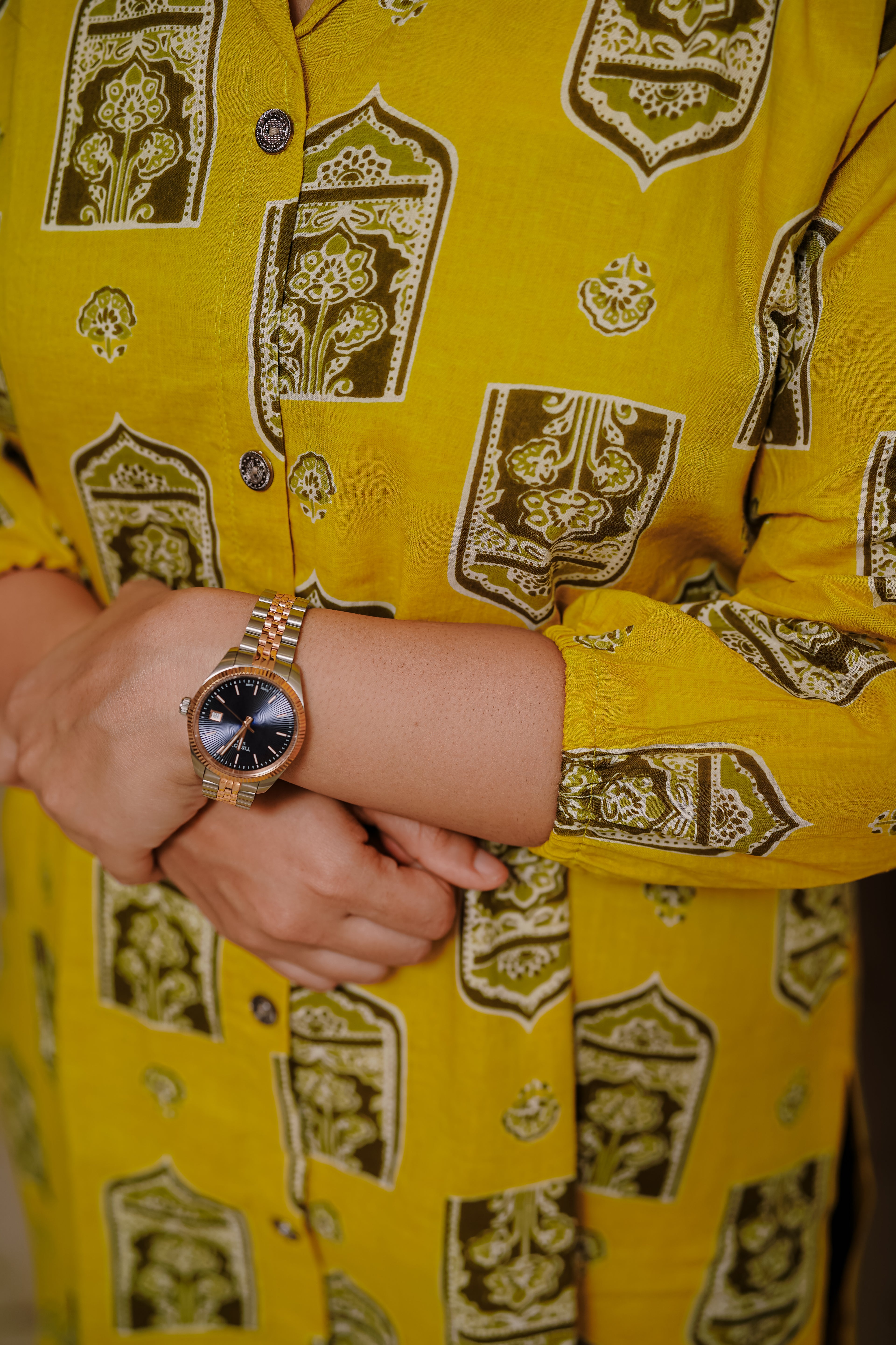 Zayna - Mustard Yellow Mughal Block-Print Kurtha With Coat Collar and Elasticated Sleeves