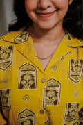 Zayna - Mustard Yellow Mughal Block-Print Kurtha With Coat Collar and Elasticated Sleeves